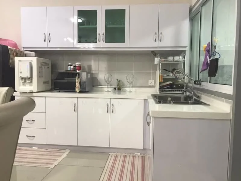 Kitchen features: white cabinetry with glass-front upper cabinets, stainless-steel sink, chrome pull-down faucet, white countertop, built-in water dispenser, microwave, kitchen appliances on countertop, tile backsplash, ceramic tile flooring, refrigerator, window with view, area rug; style: modern.