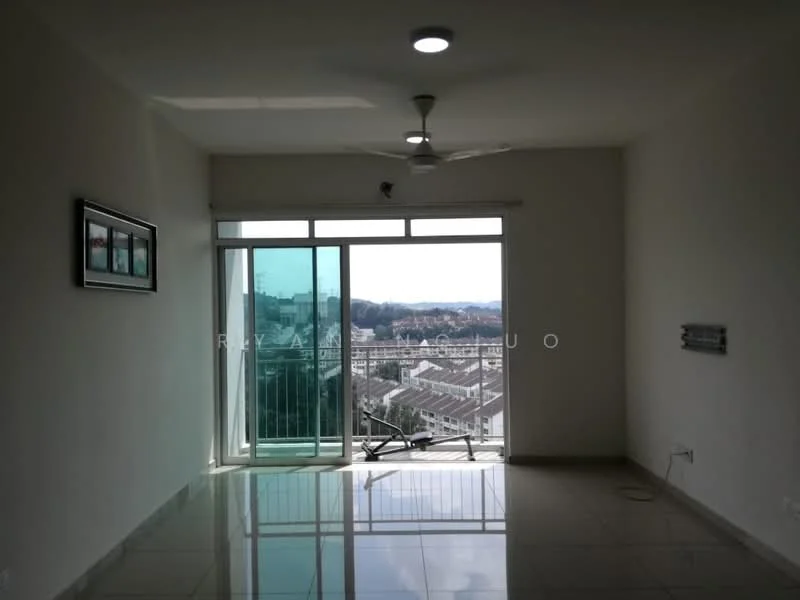 Living features: floor-to-ceiling windows, sliding glass door, 5-blade ceiling fan with light, white painted walls, polished tile flooring, recessed downlights, decorative wall art, city view; style: modern; view: city.