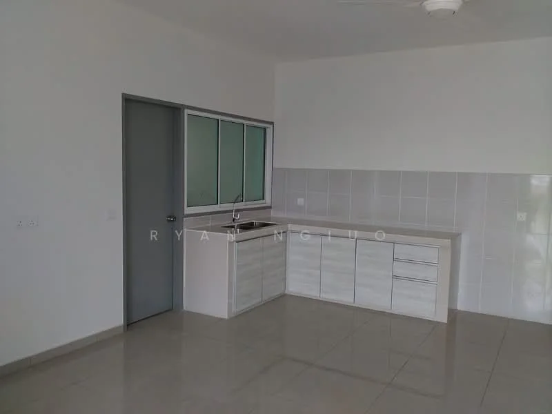 Kitchen features: white cabinetry with flat-panel doors, stainless-steel sink, chrome pull-down faucet, white tiled backsplash, grey countertop, ceramic tile flooring, wall-mounted window, single door entry, ceiling fan; style: modern.