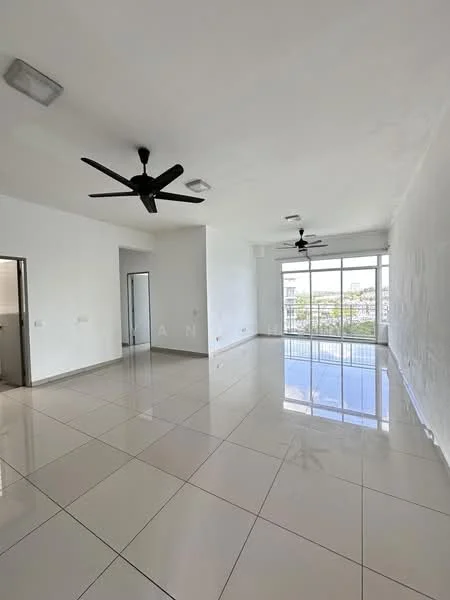 Living features: white painted walls, glossy ceramic tile flooring, 2 ceiling fans, large floor-to-ceiling windows, natural light, open layout, high ceiling, neutral color scheme; style: modern; view: city.