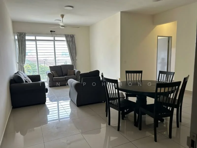 Living features: 2-seater fabric sofa in grey, 3-seater fabric sofa in grey, round dining table, 4 dining chairs, ceiling fan, large windows with sheer curtains, white painted walls, glossy ceramic tile flooring, natural light from windows, decorative wall mirror; style: modern; view: city.