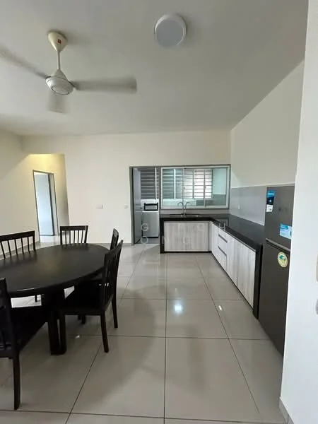 Kitchen features: white painted walls, glossy floor tiles, ceiling fan, kitchen cabinets with wood finish, black countertop, stainless-steel sink, chrome pull-down faucet, built-in oven, freestanding fridge, dining table with black chairs; style: modern.
