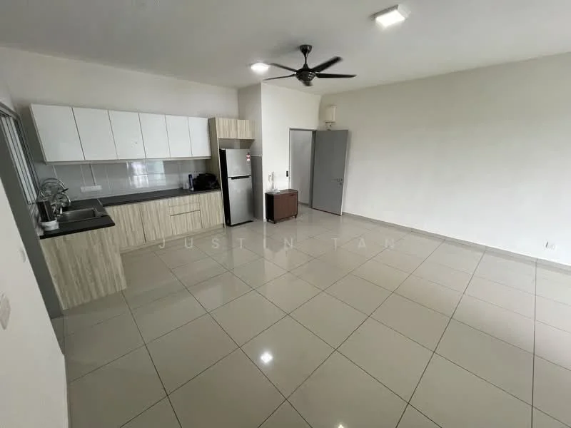Living features: white painted walls, tile flooring, 5-blade ceiling fan with light, recessed downlights, kitchen cabinetry with wood finish, black countertop, stainless-steel fridge, grey door, large window, open layout; style: modern.