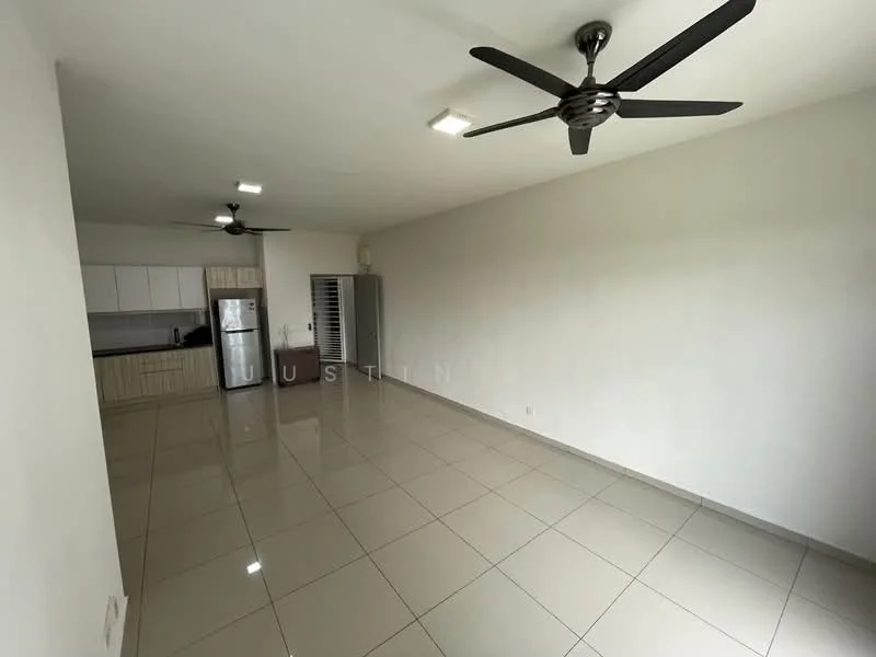Living features: glossy tile flooring, white painted walls, 2 ceiling fans, recessed LED downlights, open layout, large windows, kitchenette area, stainless-steel fridge; style: modern.