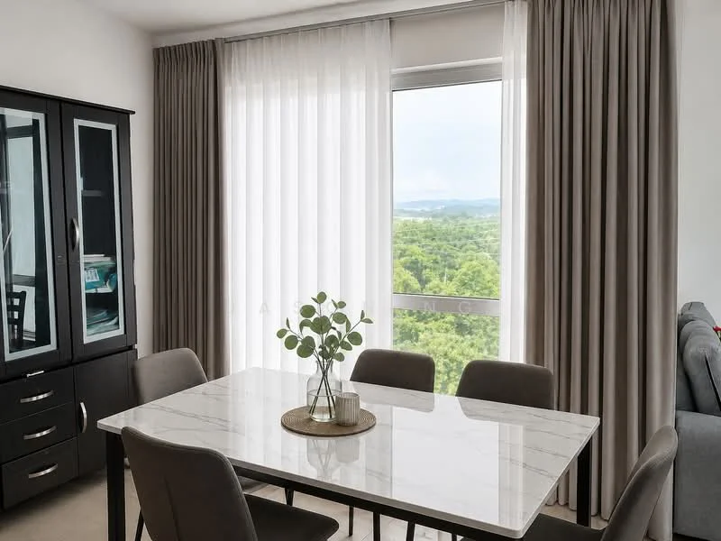 Dining features: marble dining table, 4 upholstered dining chairs, floor-to-ceiling windows, sheer curtains, grey curtains, decorative vase with greenery, wooden placemat, black cabinet with glass doors, light-coloured carpet flooring, view of greenery outside; style: modern; view: garden.
