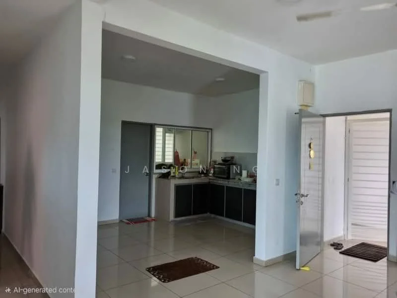 Room features: white painted walls, tile flooring, kitchen area with countertop, kitchen cabinets, stainless-steel sink, built-in appliances, door leading outside, light fixture on ceiling, open layout, entryway with door, doormat; style: modern.