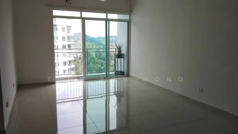 Living features: large floor-to-ceiling windows, sliding glass door, white painted walls, glossy ceramic tile flooring, neutral color scheme, balcony access, minimalist decor, plant on stand; style: modern; view: garden.