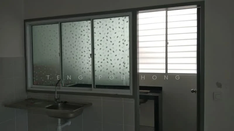Kitchen features: single-bowl stainless-steel sink, chrome pull-down faucet, window with frosted glass, sliding glass door, countertop, white tiled walls, white tiled flooring; style: modern.