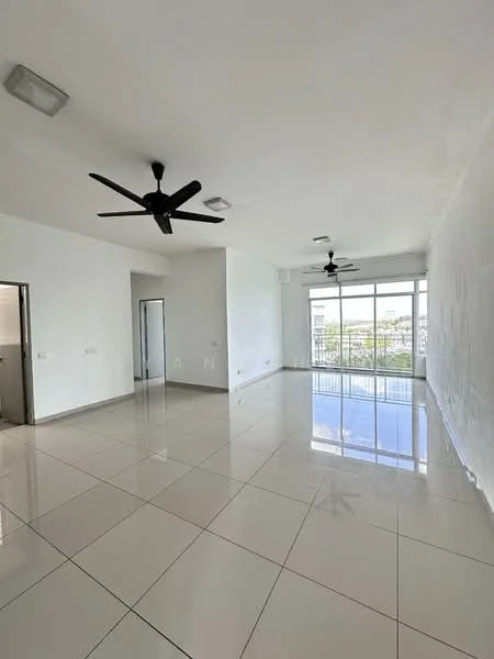 Living features: white painted walls, glossy tile flooring, 2 ceiling fans, large floor-to-ceiling windows, natural light, open layout, neutral color scheme, no visible furniture; style: modern; view: city.