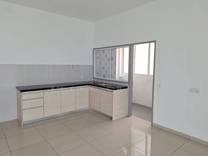 Kitchen features: light wood cabinetry, black granite countertop, ceramic tile flooring, white tiled backsplash, single-bowl stainless-steel sink, chrome pull-down faucet, built-in kitchen island, window with grid pattern, neutral painted walls, open layout to adjacent room; style: modern.