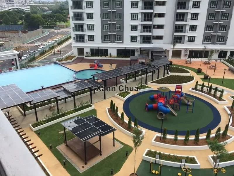 Exterior type: mid-rise condominium; features: infinity pool, children's playground, outdoor dining pavilion, landscaped garden, solar panel structures, manicured lawn, walking paths, play equipment, seating areas, surrounding greenery; style: modern.
