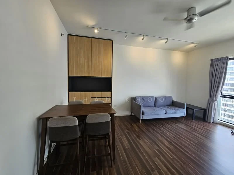 Living features: light wood cabinetry, grey fabric sofa, dining table with two chairs, track lighting, ceiling fan, large window with sheer curtains, laminate wood flooring, neutral painted walls; style: modern; view: city.