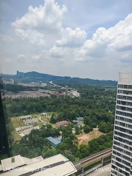 Exterior type: high-rise condominium; features: city skyline view, surrounded by greenery, urban landscape, high-rise buildings in the distance, roadway visible, park area visible, cloudy sky, hills in the background; style: modern.