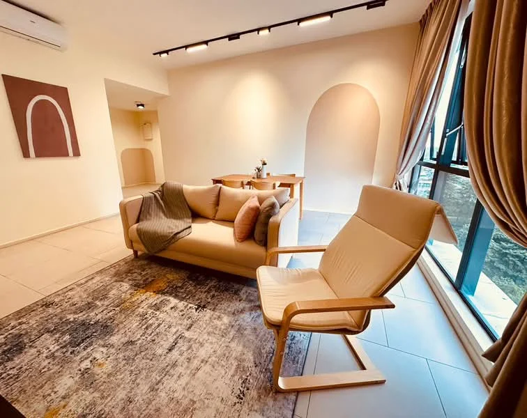 Living features: beige fabric sofa, wooden armchair, area rug with abstract pattern, recessed LED downlights, floor-to-ceiling windows, sheer curtains, light-colored painted walls, wooden dining table, decorative wall art, air conditioning unit; style: modern; view: city.