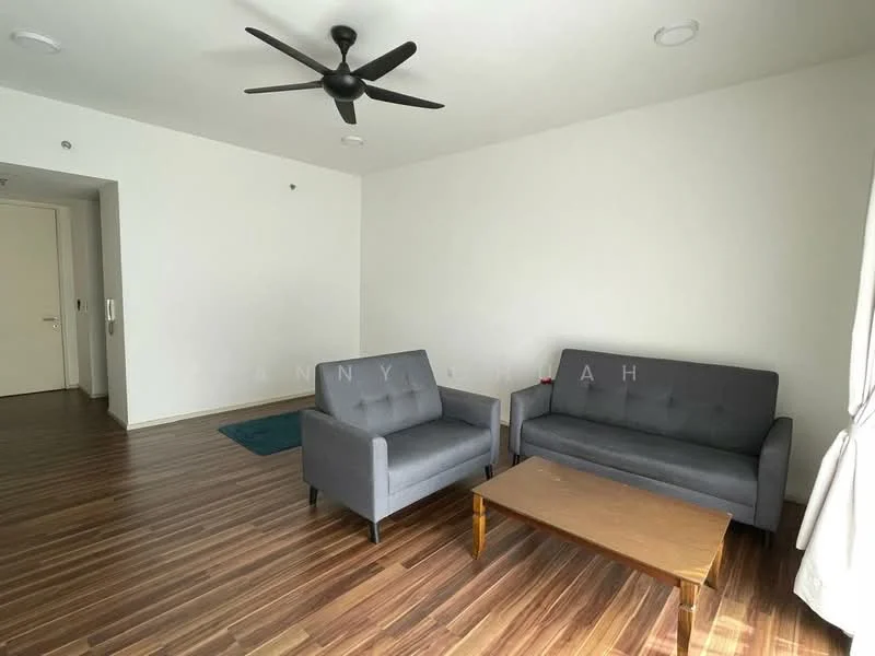 Living features: 2-seater fabric sofa in grey, 3-seater fabric sofa in grey, wood coffee table, 5-blade ceiling fan, laminate flooring, white painted walls, recessed lighting, floor-to-ceiling windows with sheer curtains; style: modern.