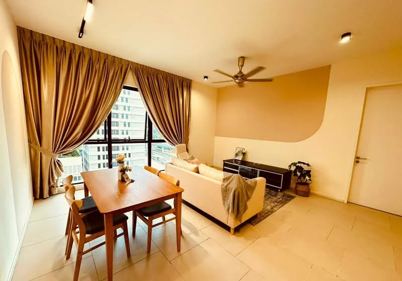 Living features: cream painted walls, light-colored tiled flooring, 5-blade ceiling fan, floor-to-ceiling windows, sheer curtains, dark wood dining table, 4 wooden dining chairs, beige fabric sofa, TV console in dark wood, decorative plant in pot, area rug with geometric pattern; style: modern; view: city.