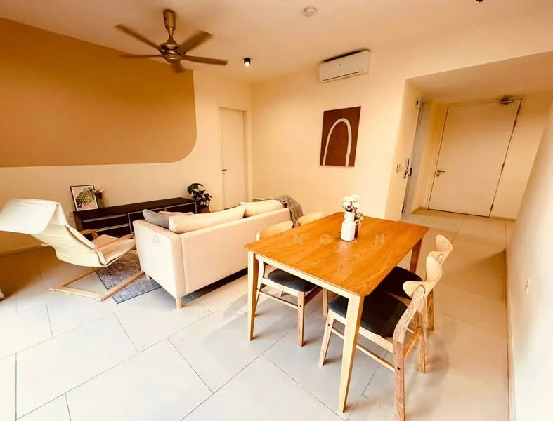 Living features: 5-blade ceiling fan, light beige painted walls, white walls, large sliding door, floor-to-ceiling windows, light-colored sofa, wooden dining table, 4 dining chairs, area rug, decorative wall art, recessed lighting, tile flooring; style: modern.