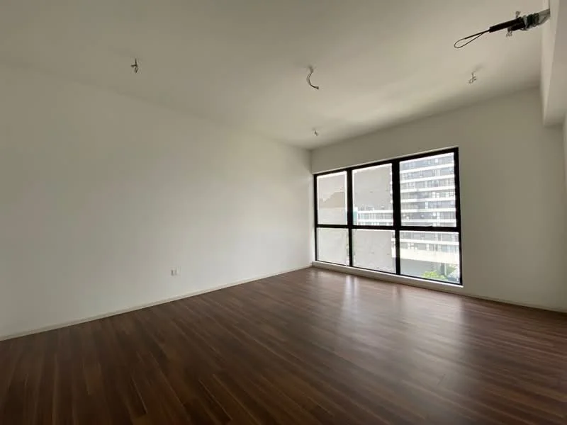Living features: white painted walls, wooden flooring, large floor-to-ceiling windows, natural light, recessed downlights, no visible furniture; style: modern; view: city.