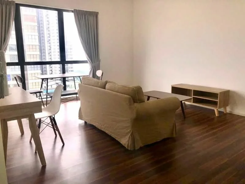 Living features: 3-seater fabric sofa in beige, wooden coffee table, TV console with open shelving, floor-to-ceiling windows, curtains, laminate flooring, decorative wall, dining table with chairs; style: modern; view: city.