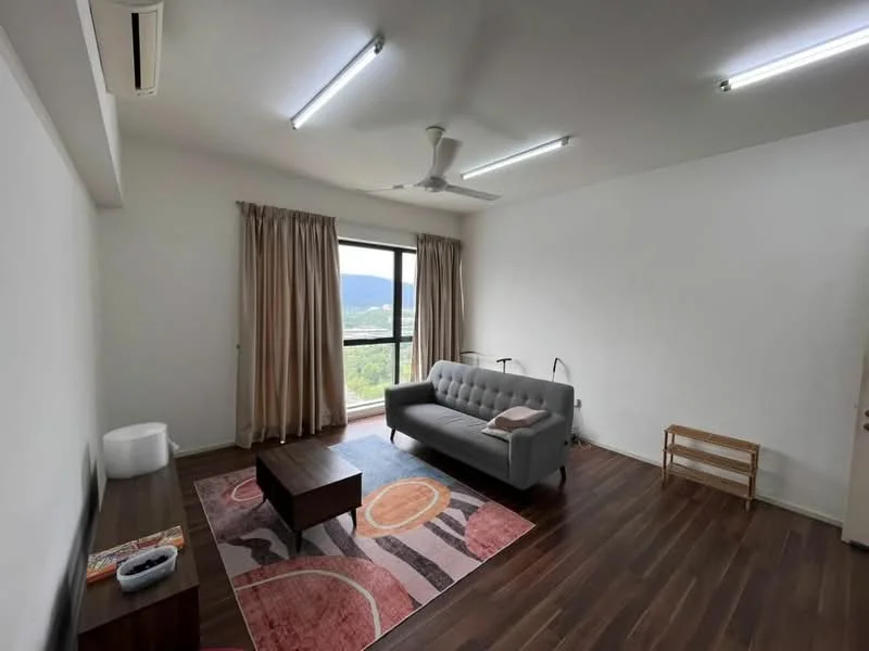 Living features: grey fabric 3-seater sofa, wood coffee table, area rug with circular pattern, floor-to-ceiling window, sheer curtains, ceiling fan with light, laminate wood flooring, wall-mounted TV console; style: modern; view: mountain.