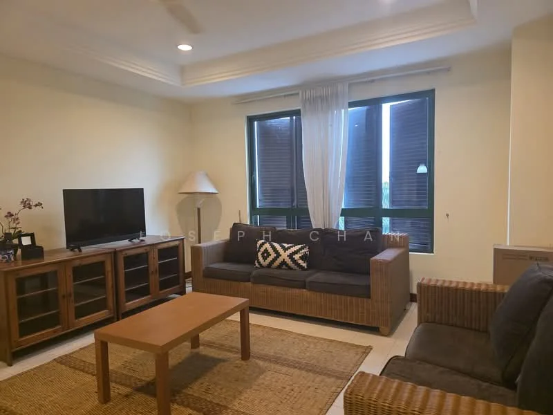 Living features: 3-seater fabric sofa in dark grey, 2-seater rattan sofa, wooden coffee table, TV console with glass doors, wall-mounted TV, area rug with natural fibers, floor-to-ceiling windows, sheer curtains, recessed downlights, crown moulding on ceiling; style: contemporary.