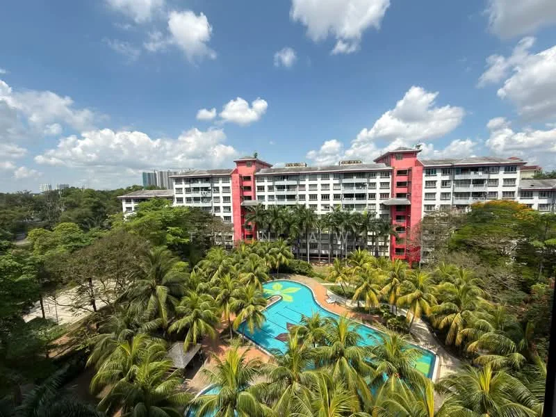 Exterior type: low-rise apartment block; features: red and white painted facade, landscaped garden with palm trees, swimming pool with blue water, pool deck with loungers, surrounded by greenery, multiple storeys, balconies on upper floors, open-air parking area; style: modern.