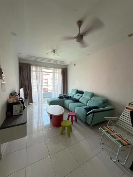 Living features: 3-seater fabric sofa in light blue, coffee table in white, ceiling fan, floor-to-ceiling windows with sheer curtains, light-coloured tiled flooring, wall-mounted TV, TV console, decorative wall shelf, foldable beach chair, small pink stool, grey curtains; style: modern; view: city.