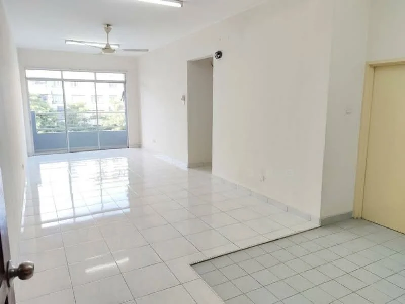 Living features: white painted walls, glossy white tile flooring, ceiling fan, large floor-to-ceiling windows, sliding glass door, natural light, neutral color scheme, open layout; style: modern; view: garden. Room features: white painted walls, glossy white tile flooring.