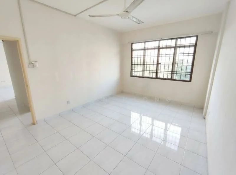 Room features: white painted walls, white tiled flooring, large window with grid pattern, ceiling fan, natural light, neutral decor, empty space; style: minimalist; view: garden.
