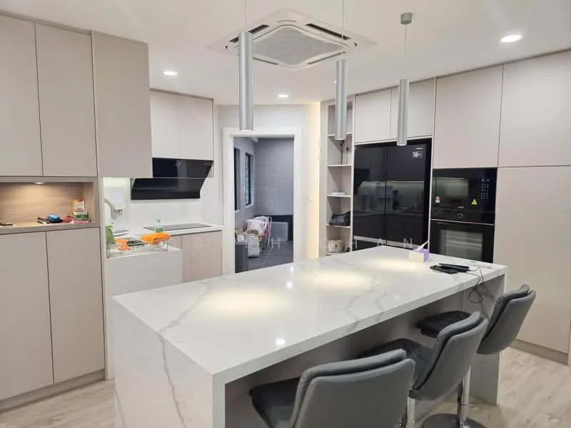 Kitchen features: white marble countertop, grey cabinetry, built-in oven, black refrigerator, stainless-steel sink, chrome pull-down faucet, induction cooktop, pendant lighting, recessed downlights, open shelving, bar stools, tile backsplash; style: modern.
