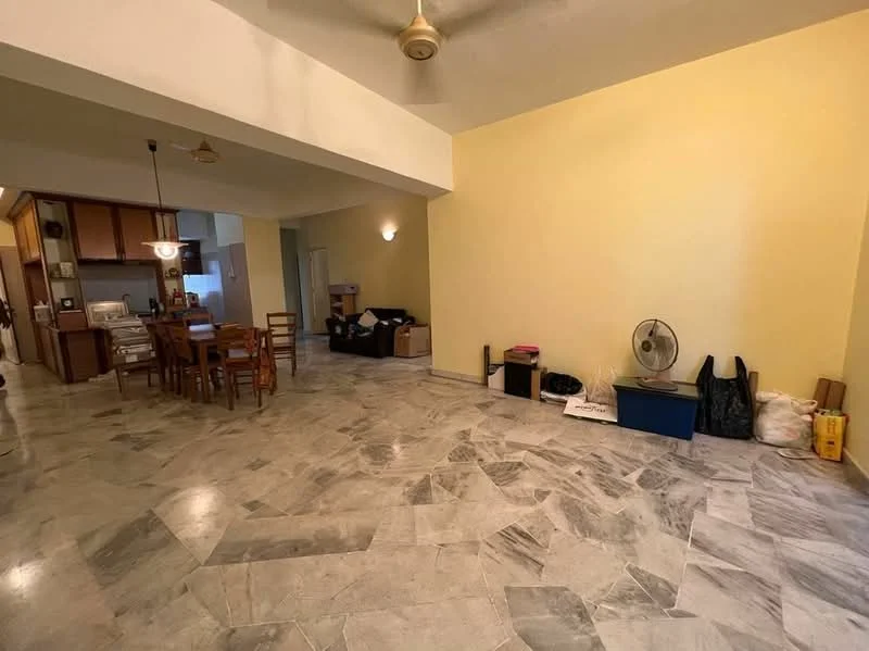 Living features: marble flooring, yellow painted walls, 5-blade ceiling fan, dining table with chairs, open layout to kitchen, box storage, black plastic bags, blue storage box.