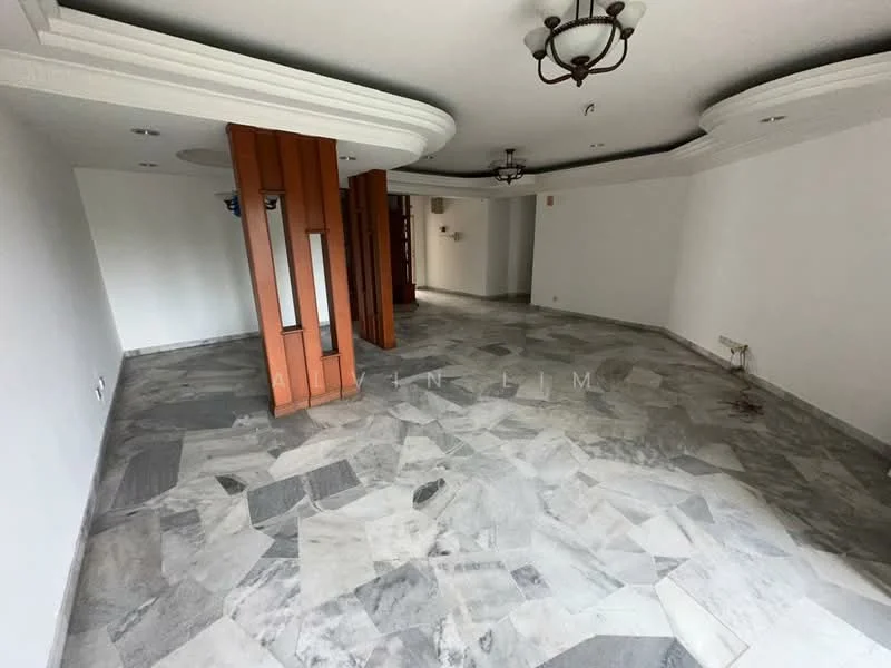 Room features: marble flooring, white painted walls, tray ceiling, 2 ceiling lights, wooden feature wall, open layout, no visible windows, no visible furniture; style: modern.