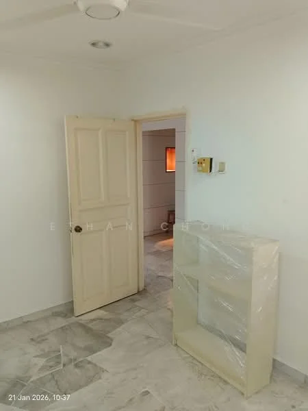 Room features: white painted walls, marble tile flooring, wooden door with panel design, built-in shelving unit, ceiling light fixture; style: modern.