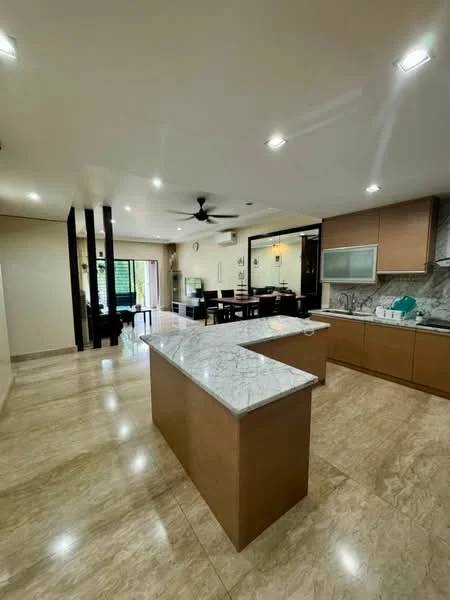 Kitchen features: marble countertop, island with seating, built-in oven, stainless-steel fridge, stainless-steel sink, chrome pull-down faucet, wood cabinetry, recessed downlights, 5-blade ceiling fan, open layout, tile flooring, large windows, view of outdoor space; style: modern; view: garden.