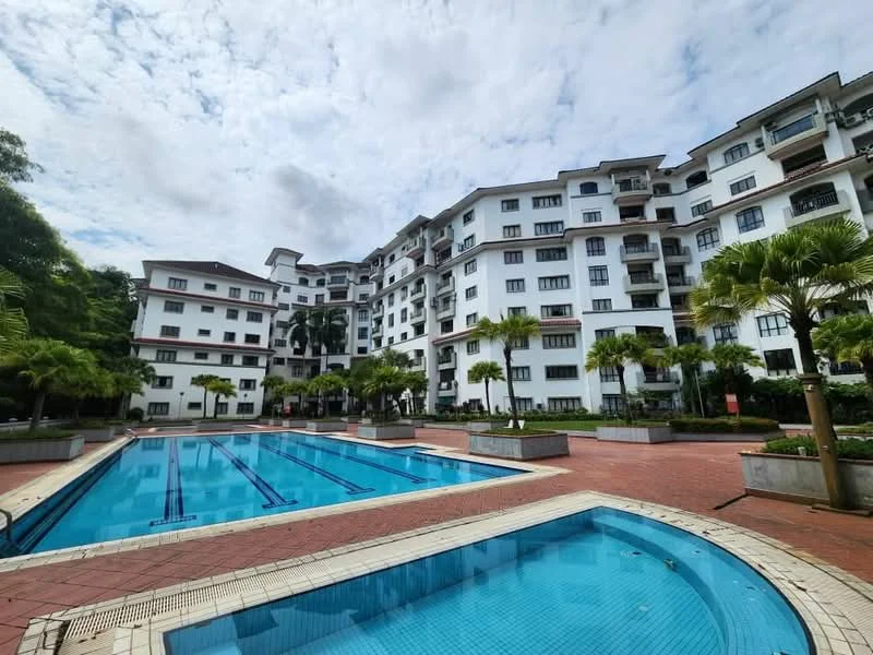 Exterior type: mid-rise condominium; features: swimming pool with lap lanes, children's pool, landscaped garden with palm trees, manicured lawn, paved walkway, multiple balconies on building, white painted facade, terracotta roof, surrounded by greenery, outdoor seating area; style: modern.