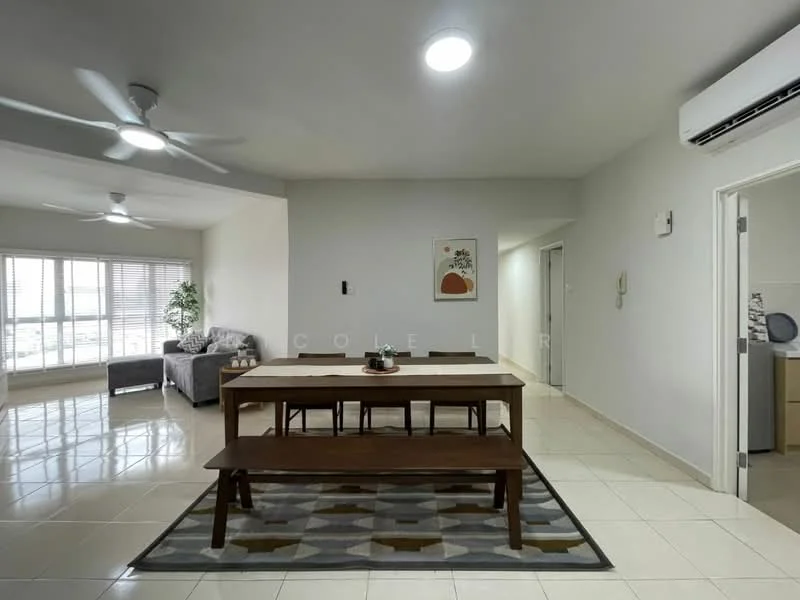Dining features: 6-seater dining table, wooden dining chairs, area rug with geometric pattern, pendant lamp, recessed downlights, white painted walls, tile flooring, ceiling fan, floor-to-ceiling windows, curtains, sofa in grey fabric, wall-mounted air conditioning unit; style: modern; view: city. Living features: 3-seater fabric sofa in grey, coffee table, TV console, wall-mounted TV; style: modern; view: city.