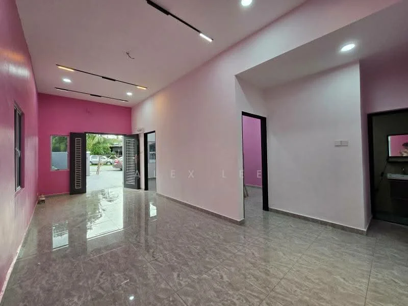 Room features: pink painted walls, white painted walls, glossy tile flooring, recessed LED downlights, double doors with louvered panels, large windows, open layout, neutral decor; style: modern; view: garden.