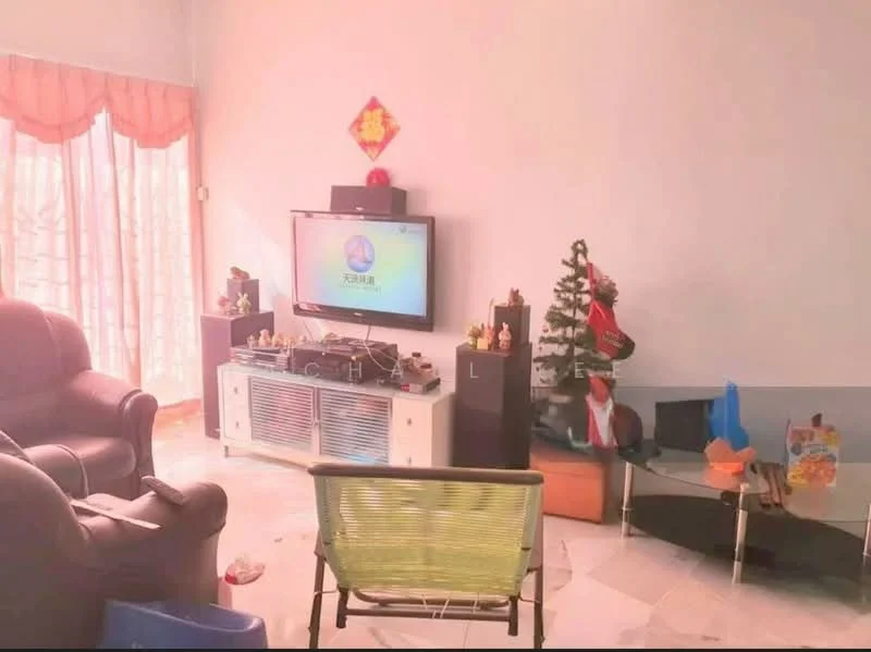 Living features: cream painted walls, marble flooring, large windows with sheer curtains, black TV console, wall-mounted TV, decorative items on shelves, green armchair, brown leather sofa, Christmas tree, coffee table, area rug; style: contemporary.