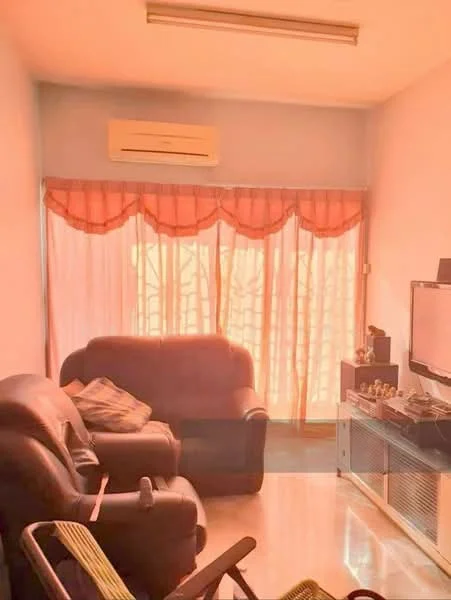 Living features: 2-seater leather sofa in dark brown, 1-seater leather chair in dark brown, coffee table, TV console, wall-mounted TV, floor-to-ceiling windows with sheer curtains, air conditioning unit, light-colored walls, tile flooring, decorative items on TV console; style: modern.