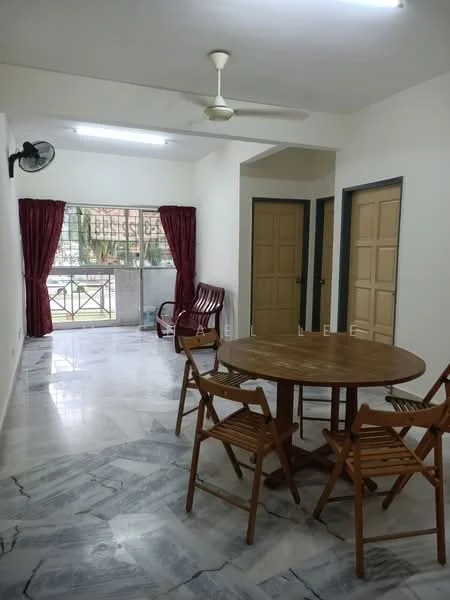 Dining features: round wooden dining table, 4 wooden folding chairs, marble flooring, white painted walls, ceiling fan, sliding glass door, red curtains, window with view to outside; style: minimalist. Room features: two doors leading to other rooms, light fixtures on ceiling.
