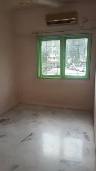 Room features: white painted walls, marble flooring, 1 wall-mounted split AC, green window frames, grid-pattern window, natural light from window, view of street, no visible furniture; view: street.