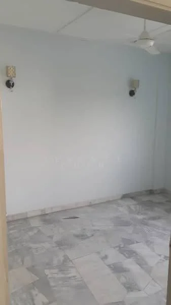 Room features: light blue painted walls, marble flooring, 2 wall sconces, ceiling fan.