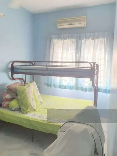 Bedroom features: bunk bed with metal frame, green bed linens, multiple decorative pillows, light blue painted walls, curtains with sheer and patterned design, floor-to-ceiling window, wall-mounted split AC, marble flooring.