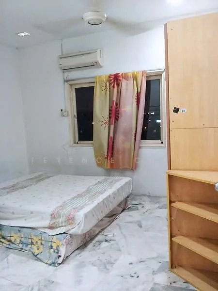 Bedroom features: single bed, white walls, marble flooring, window with sheer curtains, wall-mounted split AC, wooden shelving unit, decorative bedspread, curtains with floral pattern.