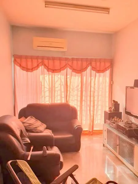 Living features: 2-seater leather sofa, 3-seater leather sofa, wall-mounted TV, TV console, air conditioning unit, curtains with valance, marble flooring, decorative items on console.