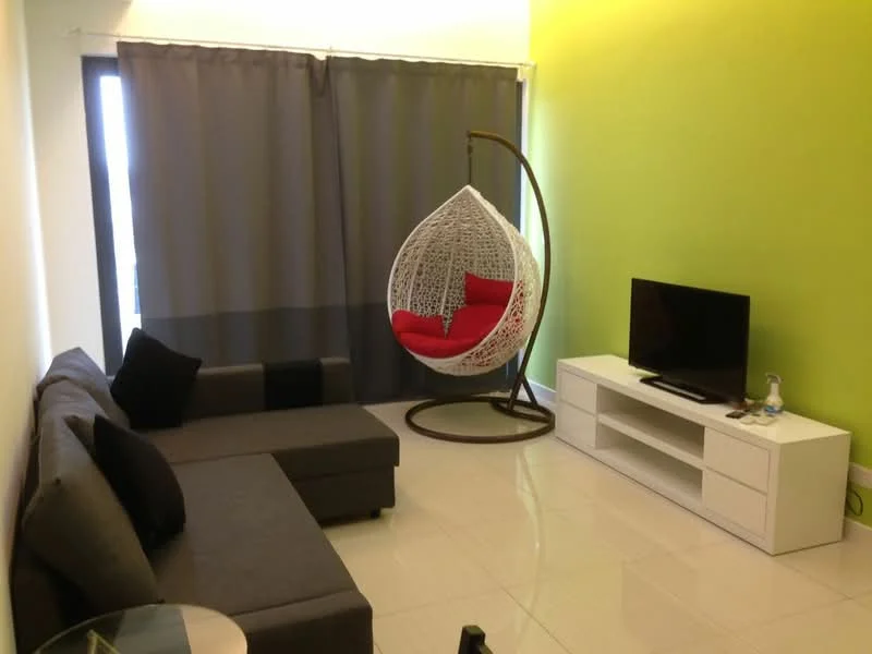 Living features: grey fabric sectional sofa, black accent pillows, white TV console, flat-screen TV, hanging rattan chair with red cushion, white tiled flooring, green accent wall, grey curtains; style: modern.