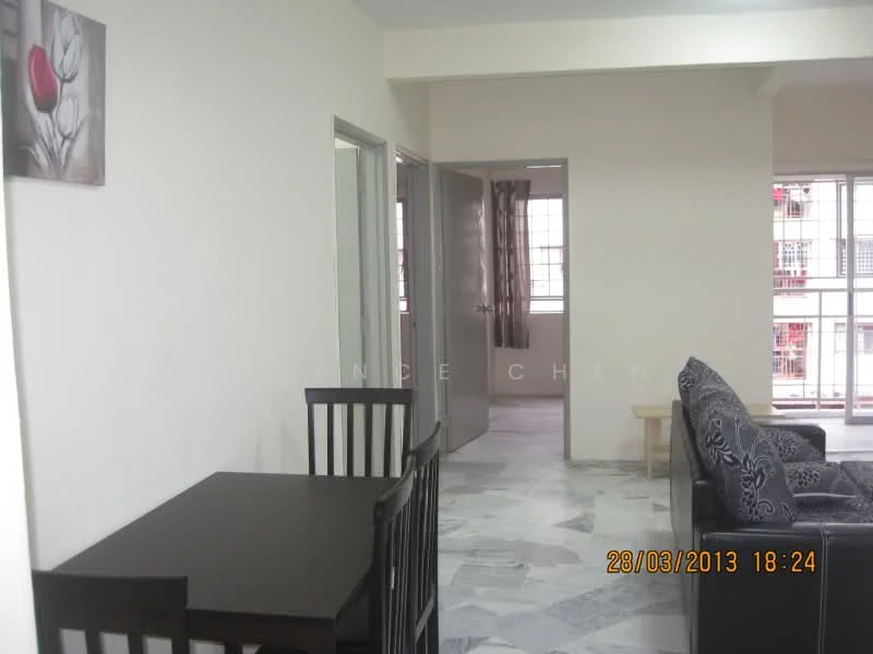 Living features: grey patterned sofa, wooden coffee table, 4-seater dining table, black dining chairs, marble flooring, white painted walls, large windows with sheer curtains, framed artwork on wall; style: modern. Room features: doorway leading to another room, light-colored walls, window with grid pattern.
