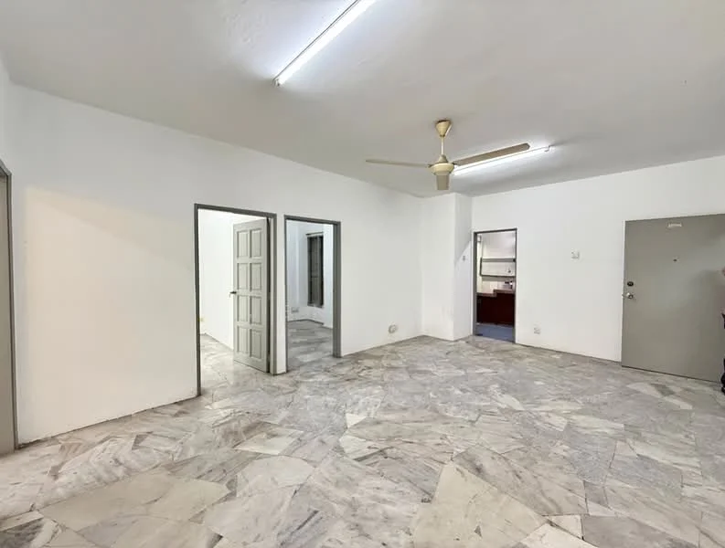 Room features: white painted walls, marble flooring, ceiling fan, multiple doorways, fluorescent ceiling lights.