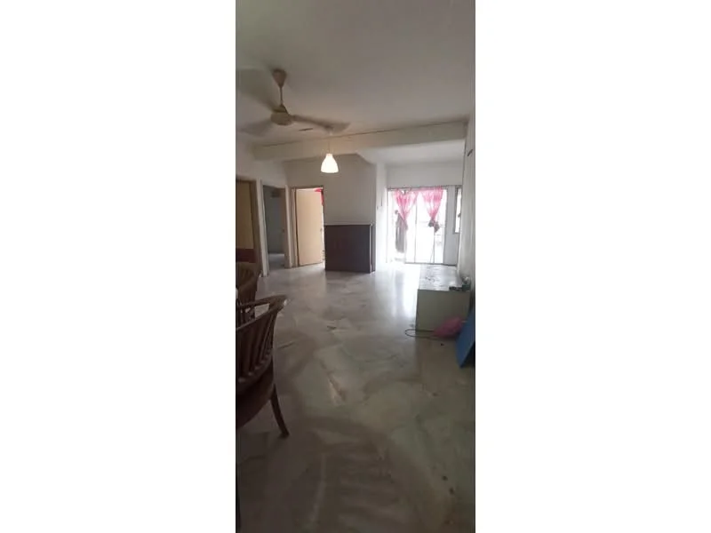 Living features: marble flooring, 5-blade ceiling fan, recessed downlights, sliding glass door, floor-to-ceiling windows, white painted walls, light fixture, open layout.