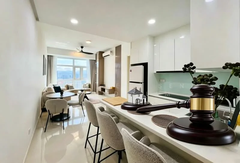 Living features: white painted walls, glossy tile flooring, 5-blade ceiling fan with light, floor-to-ceiling windows, curtains, sofa with rounded edges, round dining table, upholstered dining chairs, kitchen island with bar stools, modern cabinetry, stainless-steel appliances, decorative plants, wooden cutting board; style: modern; view: city.